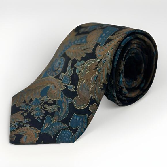 Damon All Silk Men’s Tie Paisley Floral Pattern Blue Brown Vintage USA Made - Picture 3 of 6